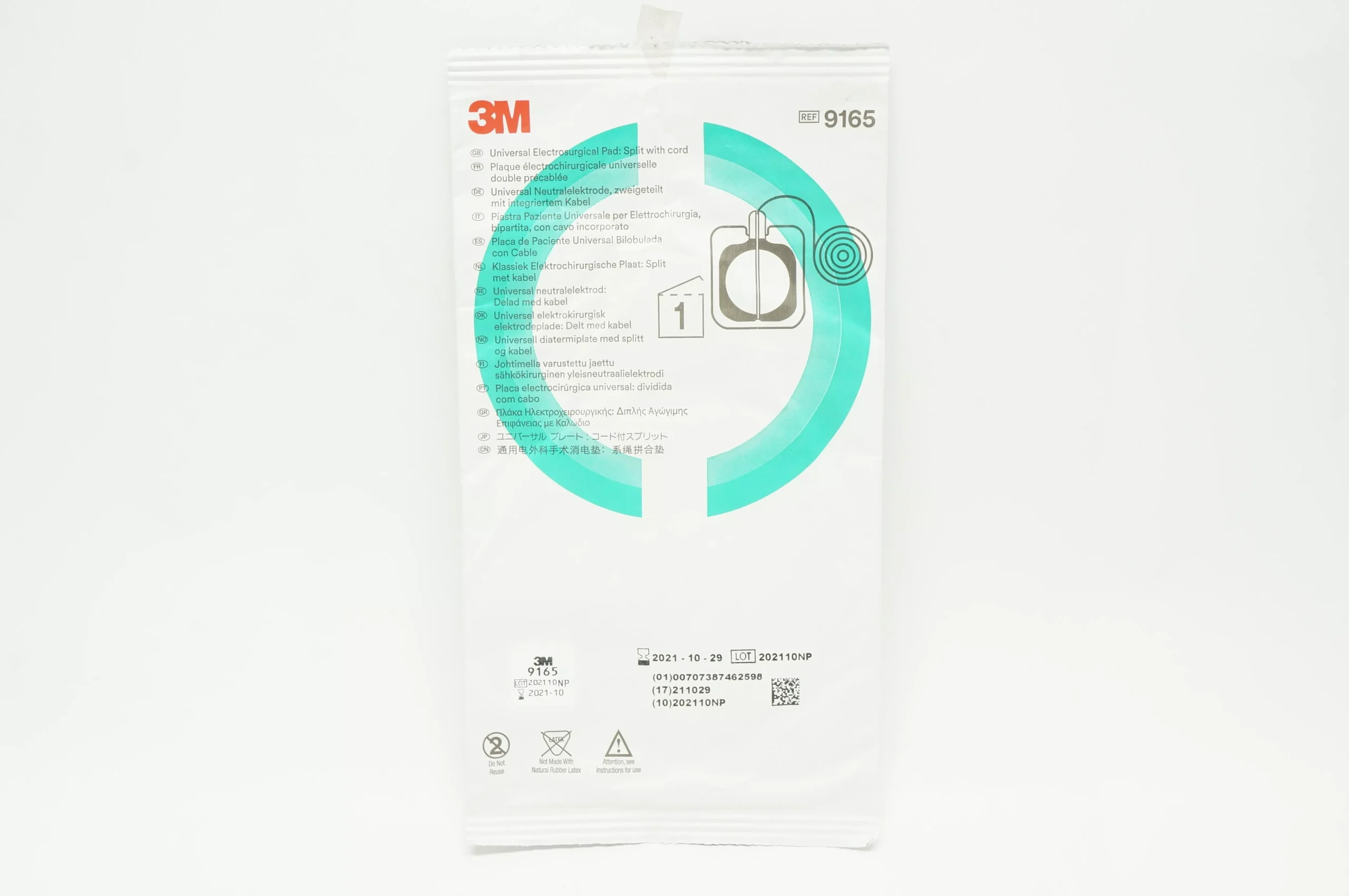 3M 9165 Universal Electrosurgical Pad, Split with Cord