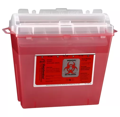 5 Quart Transparent Red Sharps Container with Rotating Cylinder Opening 175-030