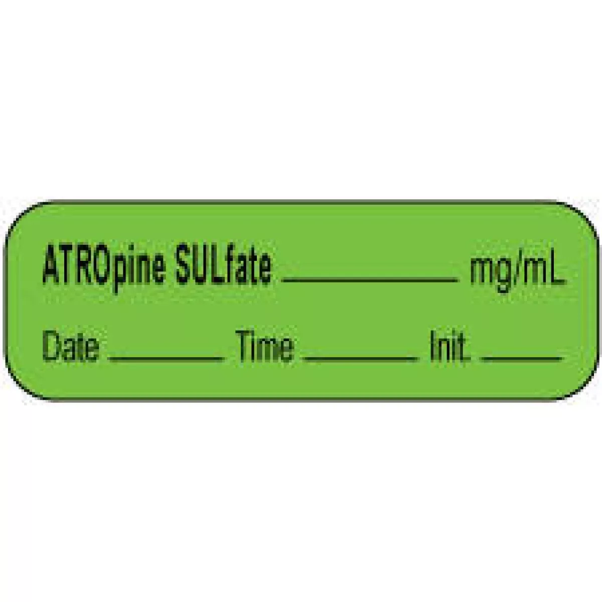 Anesthesia Label With Date, Time & Initial | Tall-Man Lettering (Paper, Permanent) Atropine Sulfate Mg/Ml 1 1/2" X 1/2" Green - 1000 Per Roll