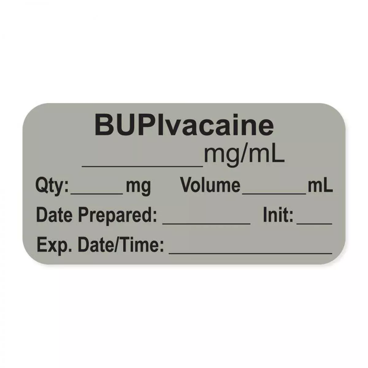 Anesthesia Label, With Expiration Date, Time & Initial (Paper, Permanent) "Bupivacaine Mg/Ml" 1-1/2" X 3/4", Gray - 500 Per Roll