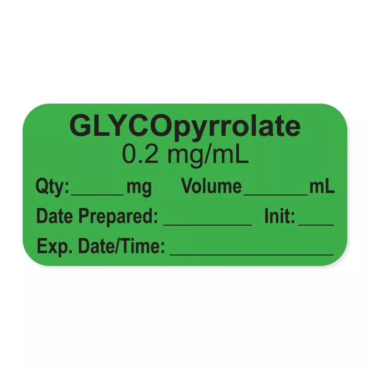 Anesthesia Label, With Expiration Date, Time & Initial (Paper, Permanent) "Glycopyrrolate 0.2 Mg/Ml" 1-1/2" X 3/4", Green, - 500 Per Roll