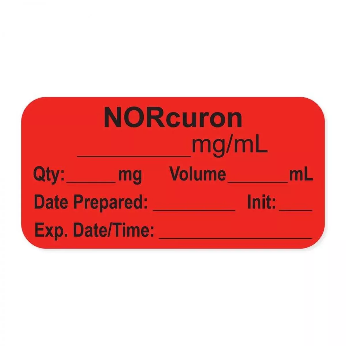 Anesthesia Label, With Expiration Date, Time & Initial (Paper, Permanent) "Norcuron Mg/Ml" 1-1/2" X 3/4", Fluorescent Red - 500 Per Roll