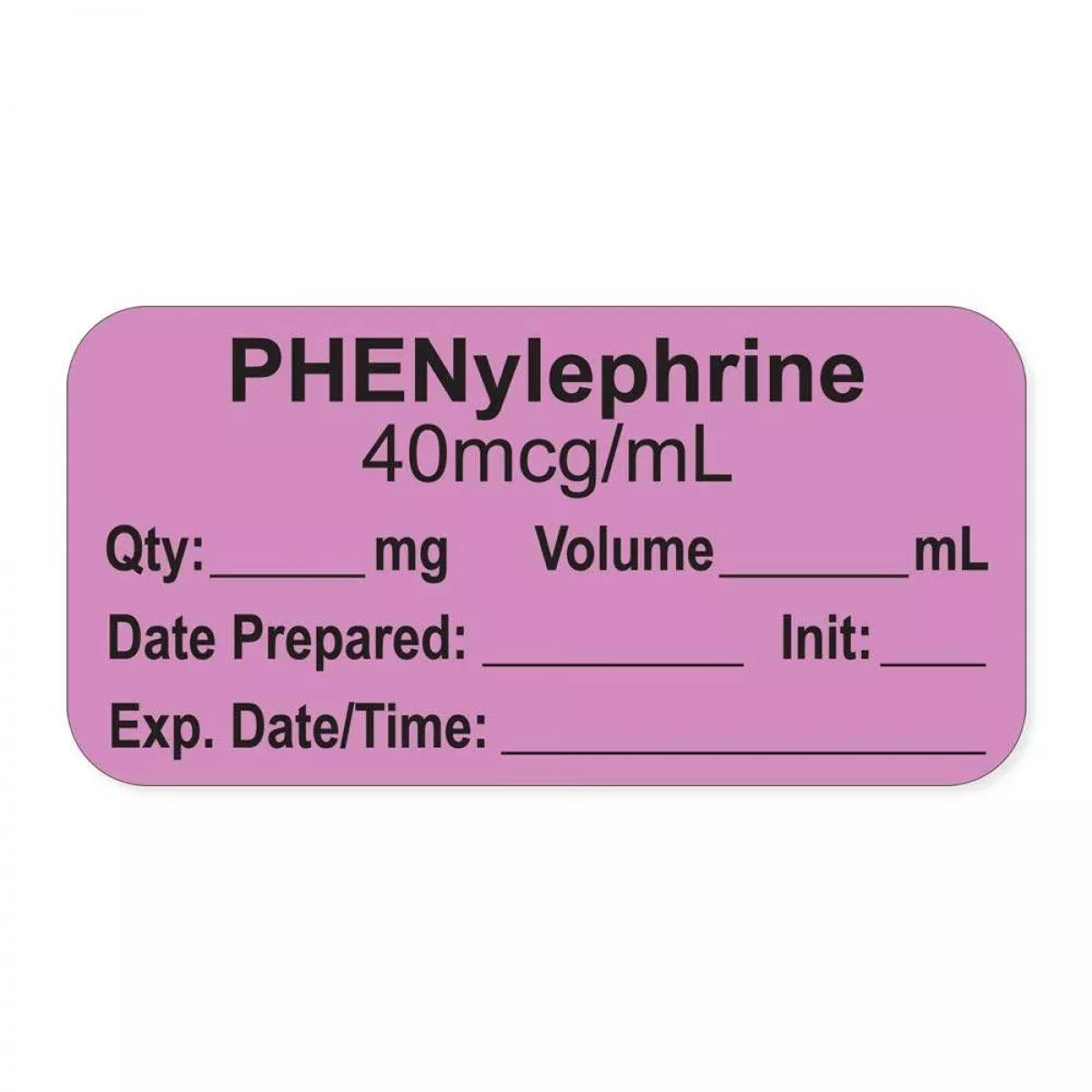 Anesthesia Label, With Expiration Date, Time & Initial (Paper, Permanent) "Phenylephrine 40 Mcg/Ml" 1-1/2" X 3/4", Violet - 500 Per Roll