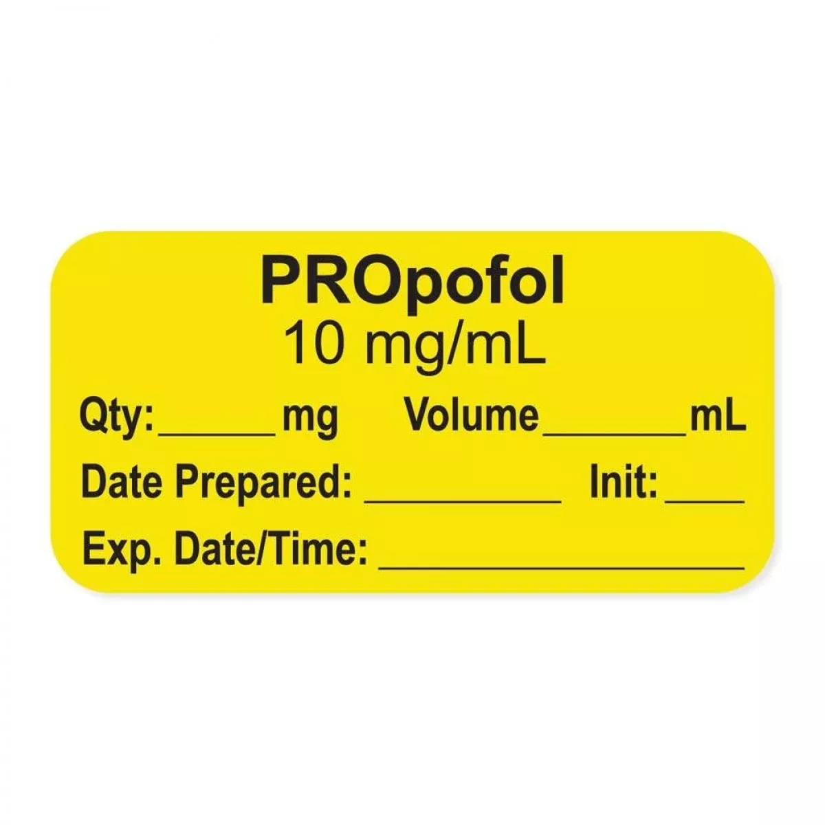 Anesthesia Label, With Expiration Date, Time & Initial (Paper, Permanent) "Propofol 10 Mg/Ml" 1-1/2" X 3/4", Yellow - 500 Per Roll