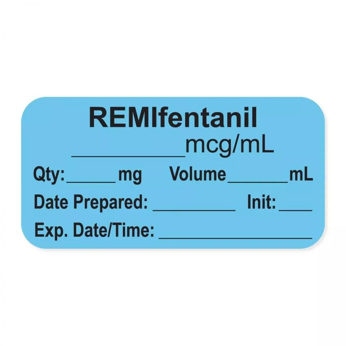 Anesthesia Label, With Expiration Date, Time & Initial (Paper, Permanent) "Remifentanil Mcg/Ml" 1-1/2" X 3/4" Blue - 500 Per Roll