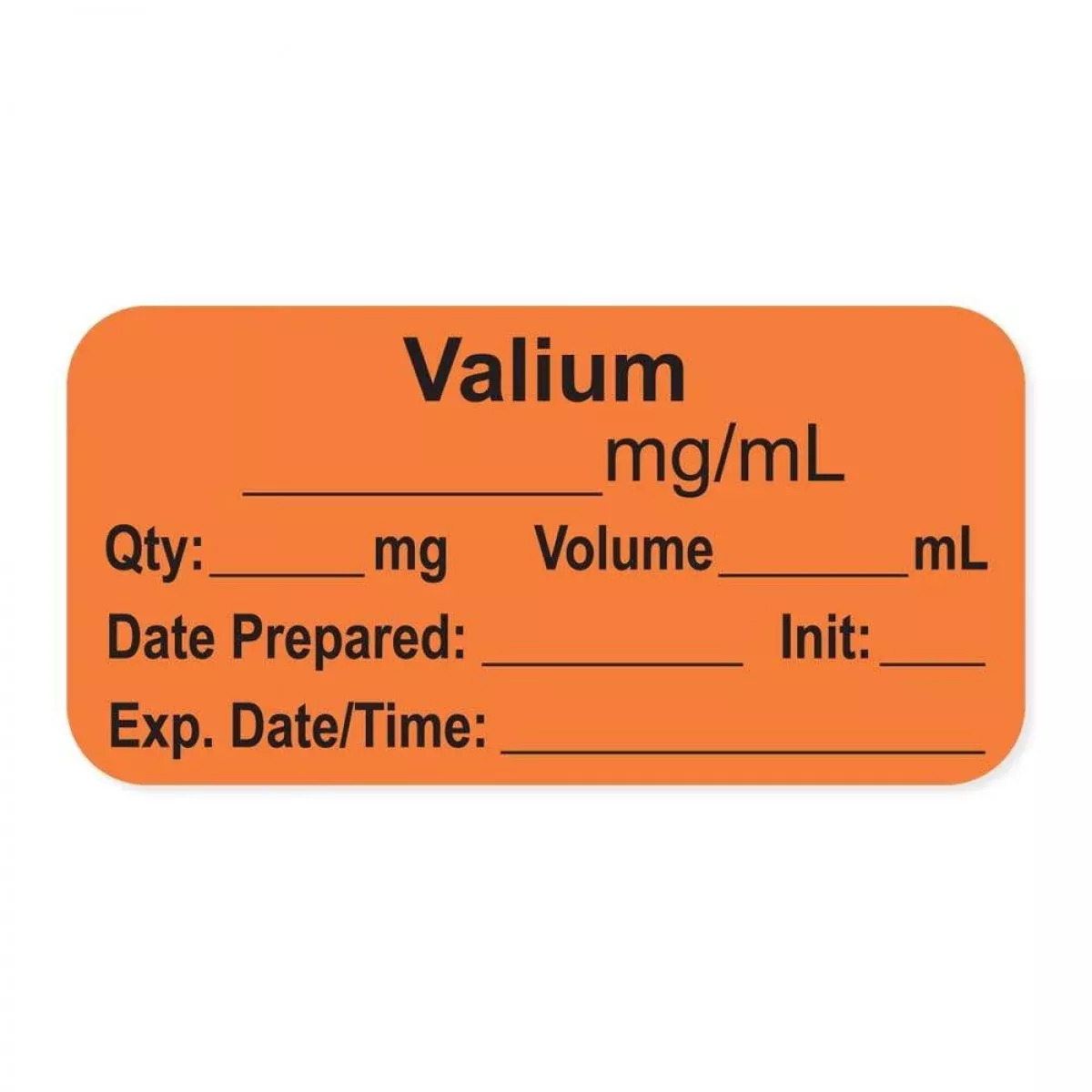 Anesthesia Label, With Expiration Date, Time & Initial (Paper, Permanent) "Valium Mg/Ml" 1-1/2" X 3/4", Orange, - 500 Per Roll