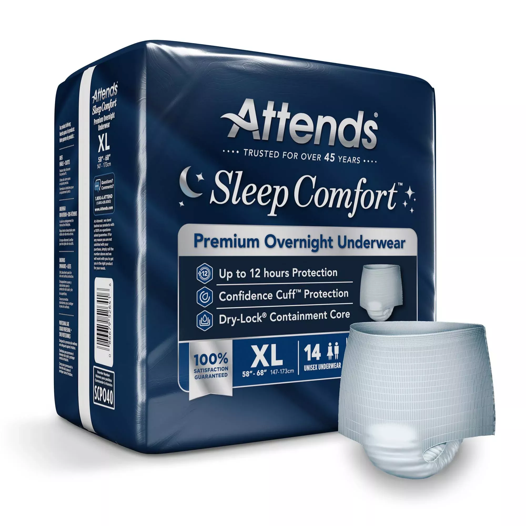 Attends Sleep Comfort Premium Overnight Underwear, Extra Large, 58 – 68 Inches
