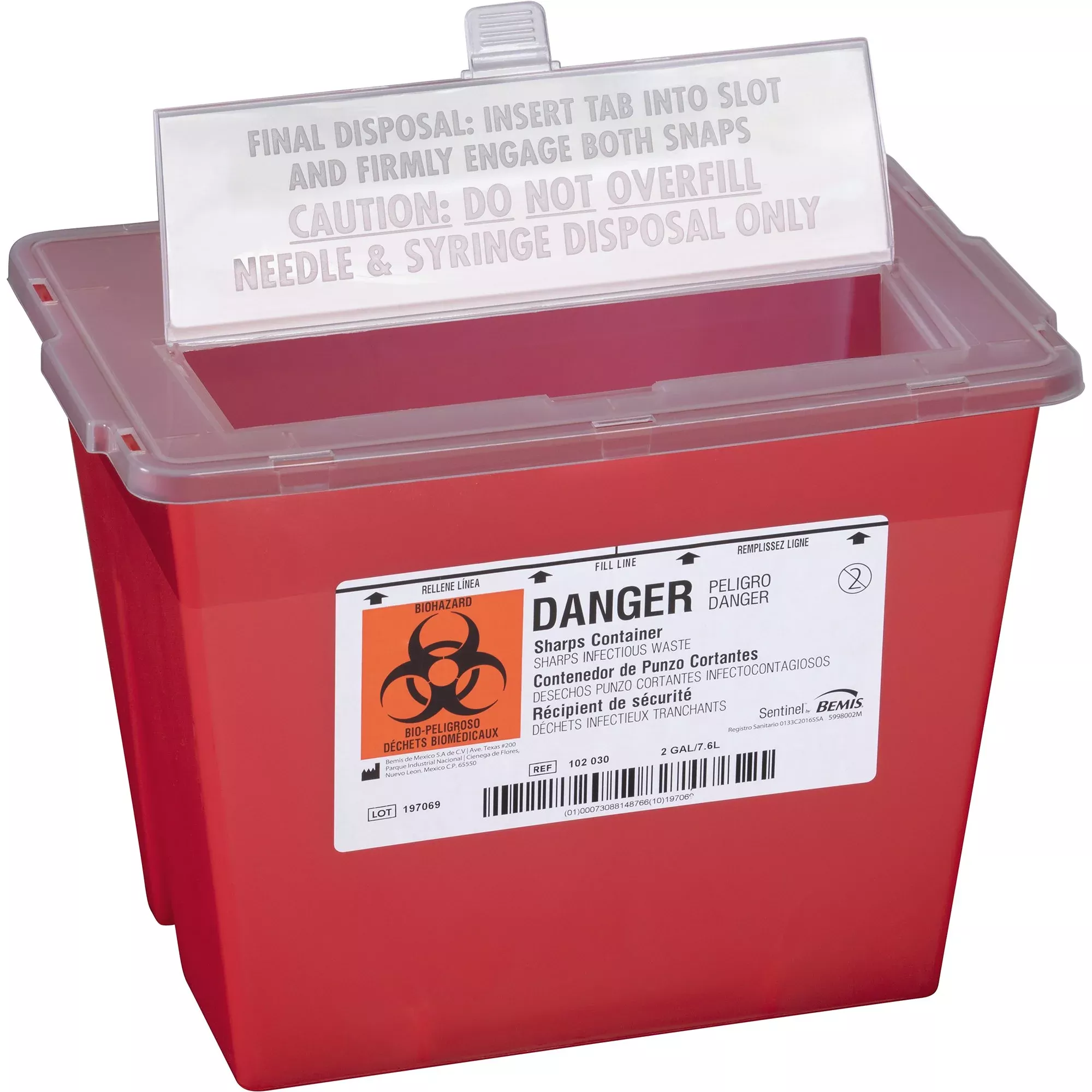 Bemis™ Sentinel Sharps Container, 2 Gallon, 8-5/8 x 11-5/8 x 7-3/4 Inch