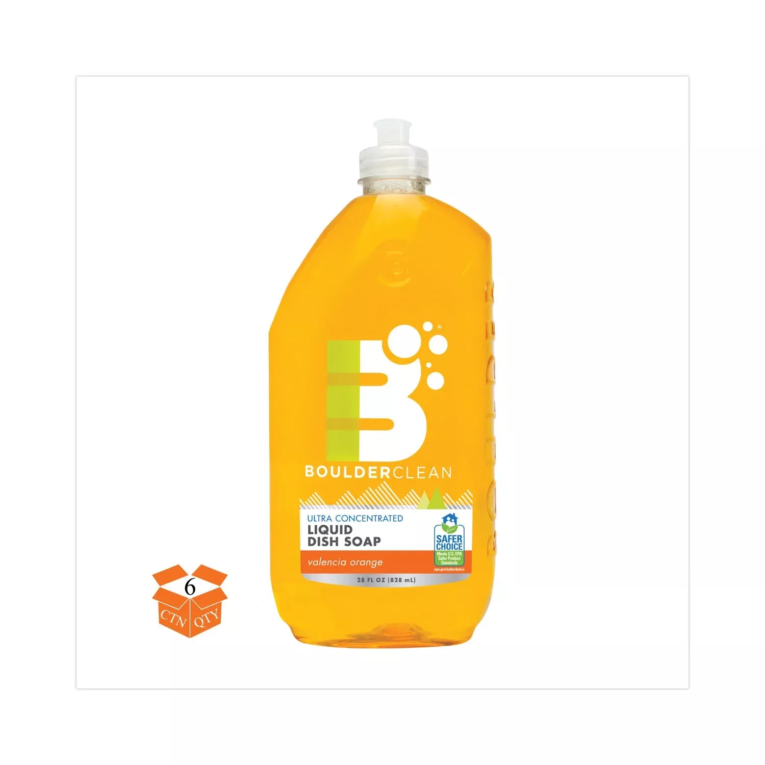 Boulder Clean Liquid Dish Soap, Valencia Orange, 28 oz Bottle, 6/Carton