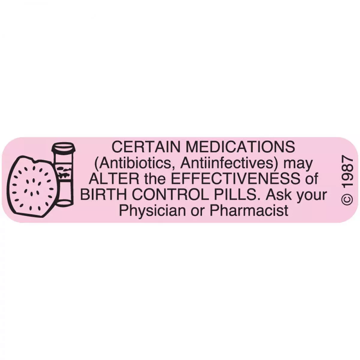 Communication Label (Paper, Permanent) Birth Control 1 9/16" X 3/8" Pink - 500 Per Roll, 2 Rolls Per Box