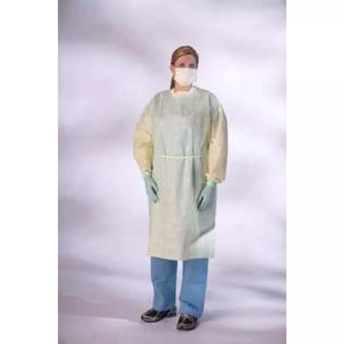 Disposable Apparel Isolation Gown Waist & Neck Tie, Fluid-Resistant Yellow Multi-Ply Reg/Lrg 100 Per Case