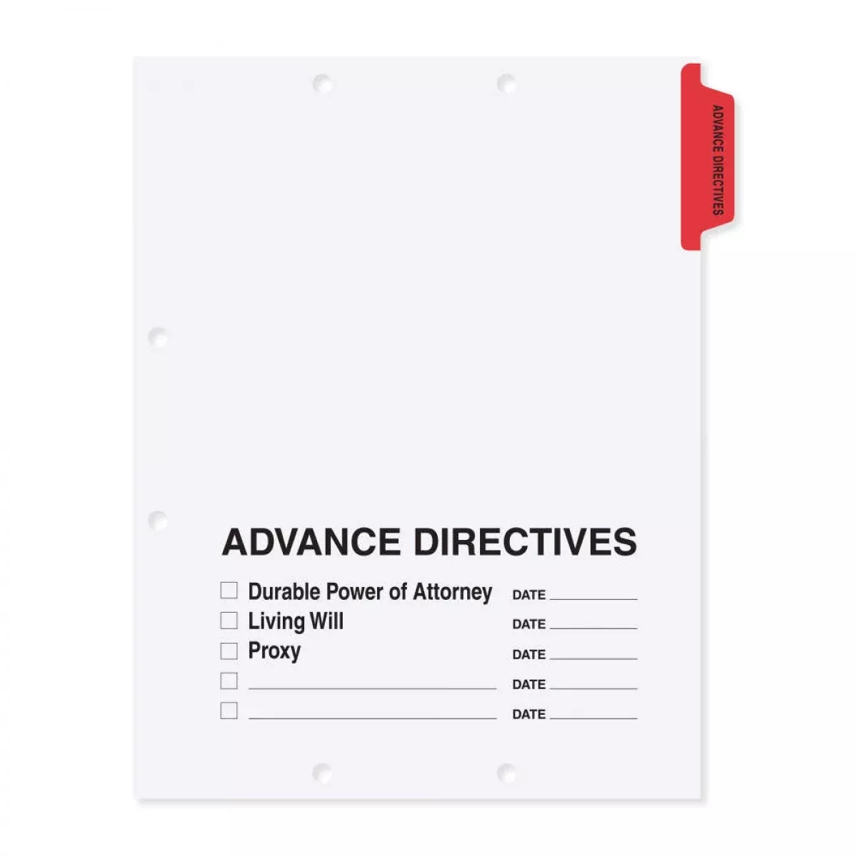 Filepro Chart Divider Side Tab Position #1 Or #5 "Advance Directives" 1/5 Cut Mylar Reinforced Tab Red 100# White 8-1/2"X11" - 300 Per Box