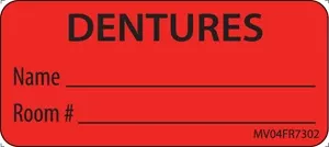 Label Paper Permanent Dentures Name Room# 1" Core 2 1/4" X 1 Fl. Red 420 Per Roll