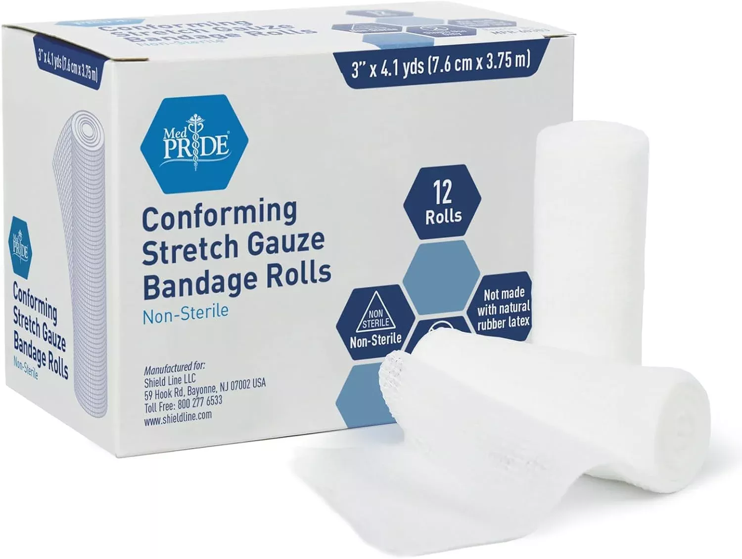 MedPride Conforming Stretch Gauze Bandage Roll -Non-Sterile - 12 Rolls, Case of 8 (96 Count)
