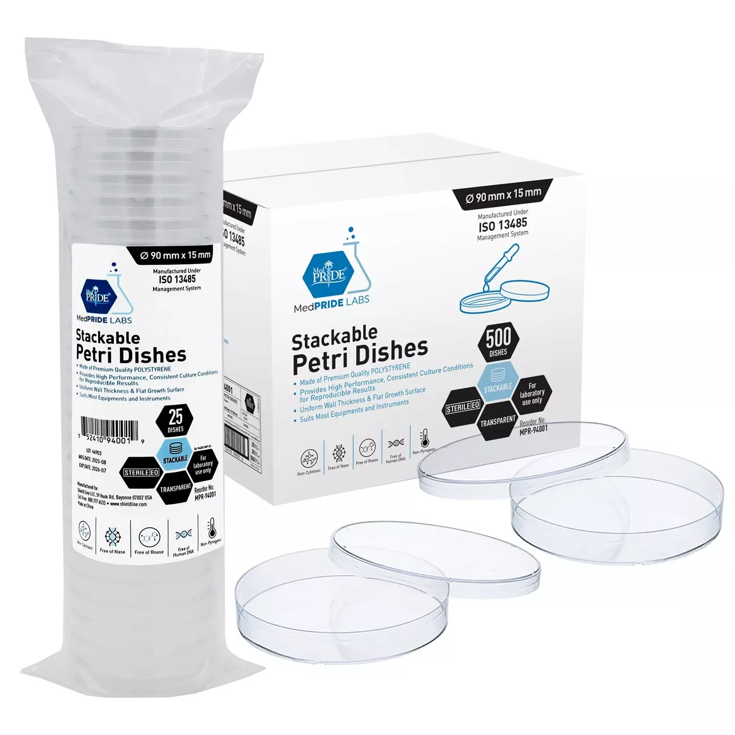 MedPride Stackable Petri Dishes with Lids, Sterile 90mmx15mm -20 Pack of 25 (500 Count)
