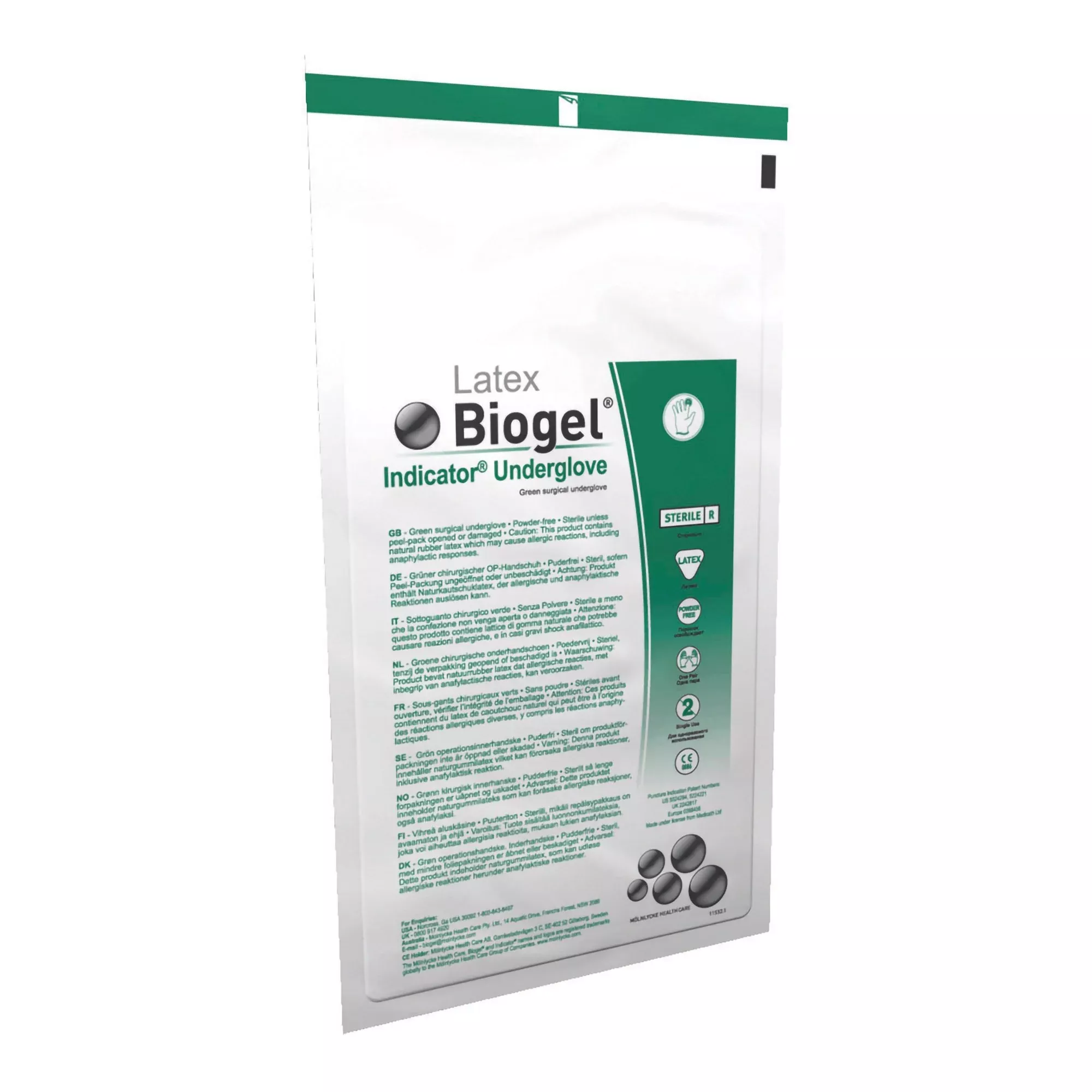 Molnlycke 31265 Biogel Indicator Latex Surgical Underglove, Size 6.5, Green