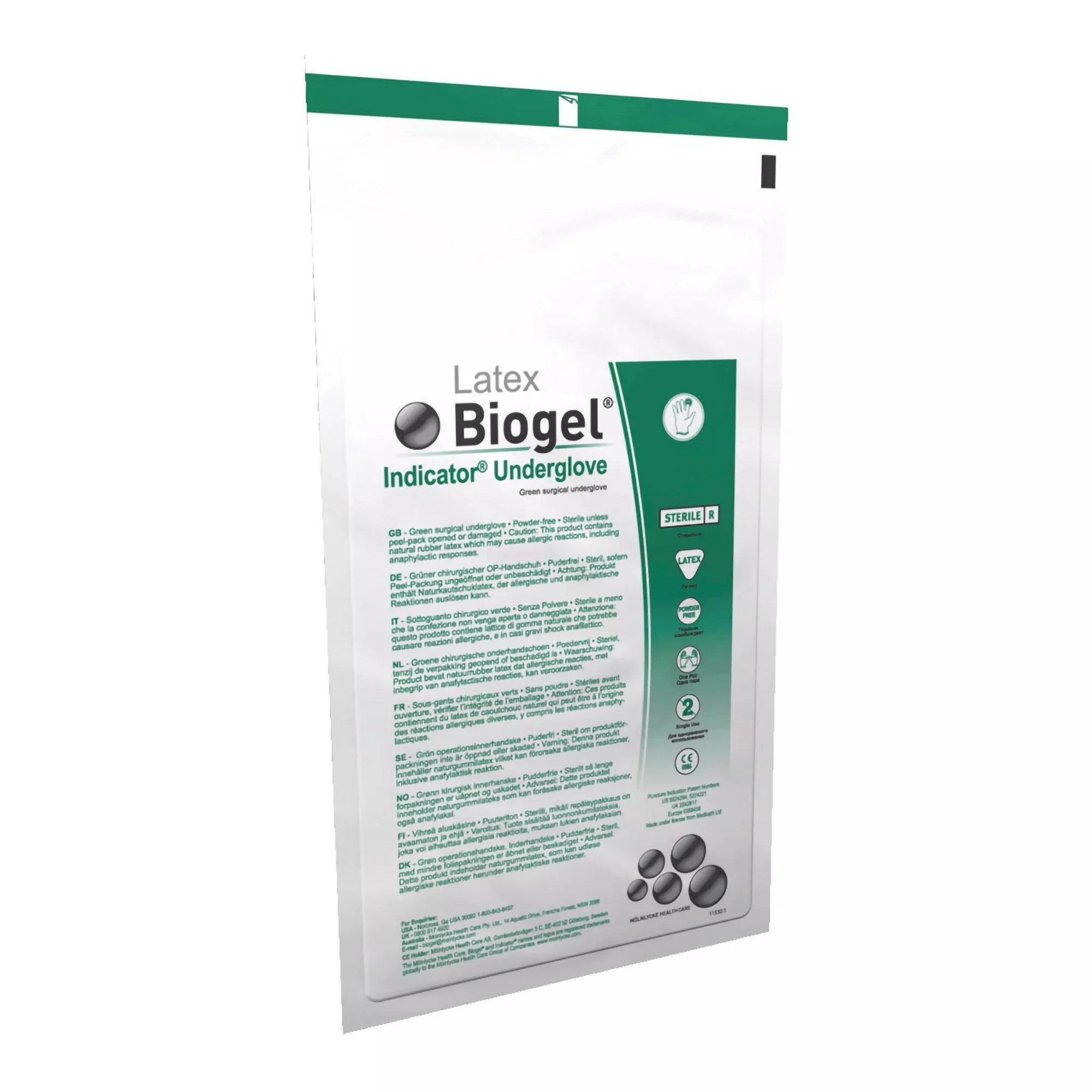 Molnlycke 31270 Biogel Indicator Latex Surgical Underglove, Size 7, Green
