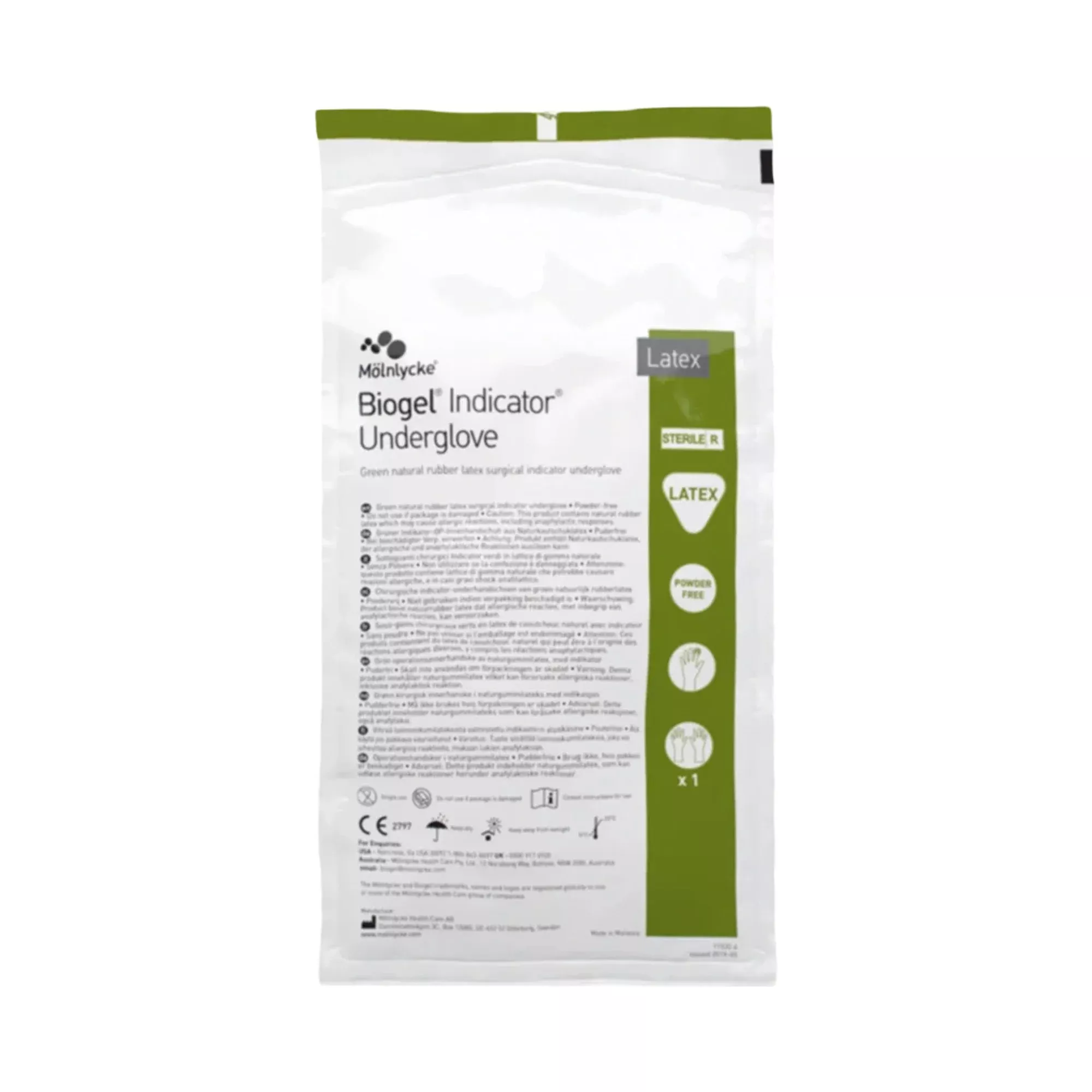 Molnlycke 31285 Biogel Indicator Latex Surgical Underglove, Size 8.5, Green
