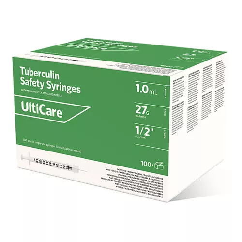 Safety Tuberculin Syringe with Needle UltiCare 1 mL 1/2 in x 27 G, Sliding Safety Needle Regular Wall 63001 Case of 500