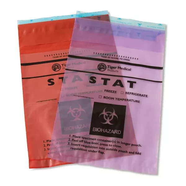 Tiger STAT Biohazards Bags STAT Biohazard Specimen Bag with Document Pouch 6" x 9" ,1000 / pk