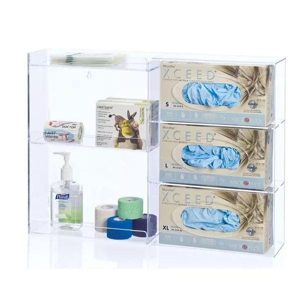Triple Side-Loading Acrylic Glove Dispenser with Shelves MarketLab Side-Loading Triple Glove Box Dispenser with Shelves • 22"W x 4.5"D x 16"H ,1 Each