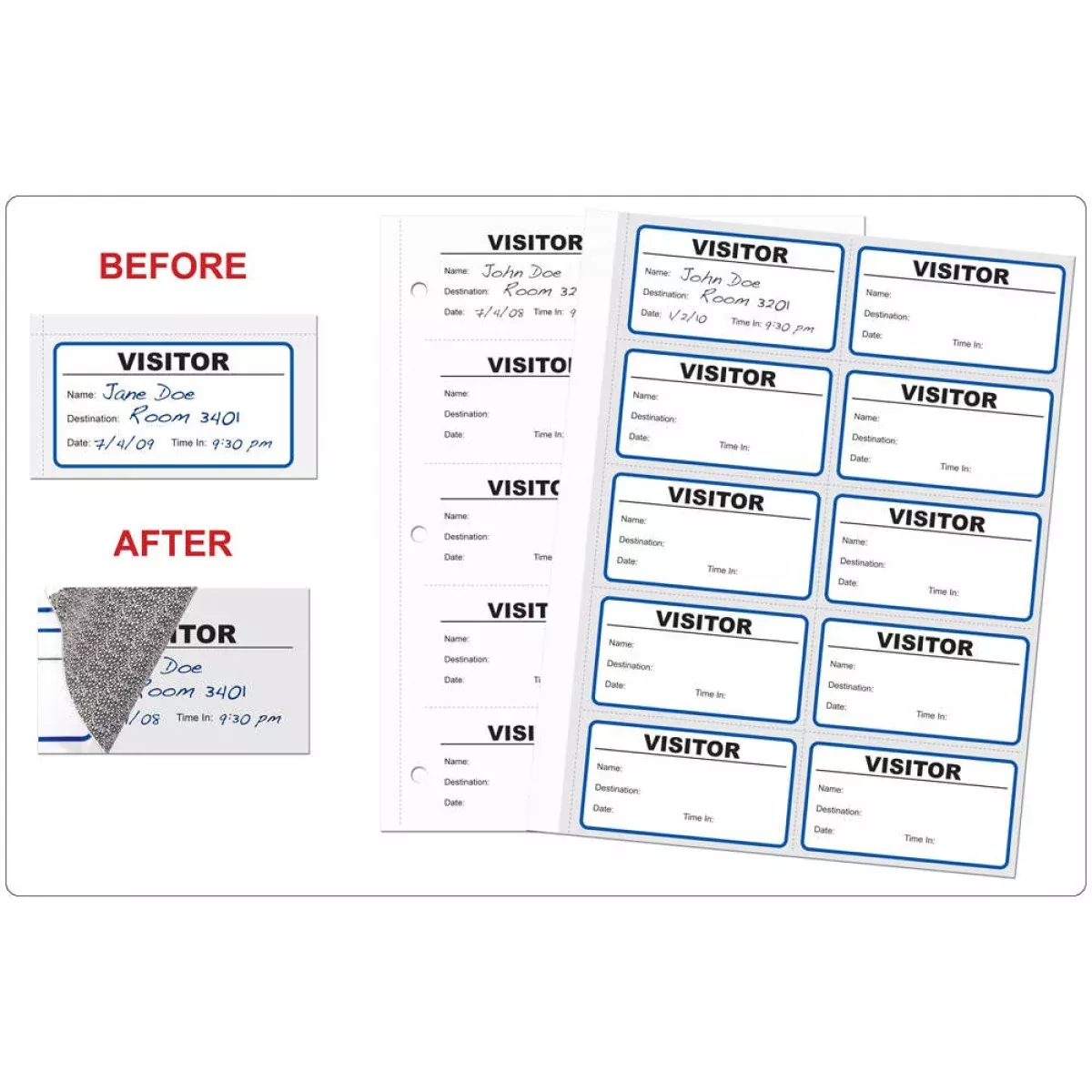 Visitor Pass Form With Record Log (Paper, Removable) Visitor Name: 2 3 9/16" X 1 7/8" White With Blue - 10 Per Sheet, 100 Sheets Per Package
