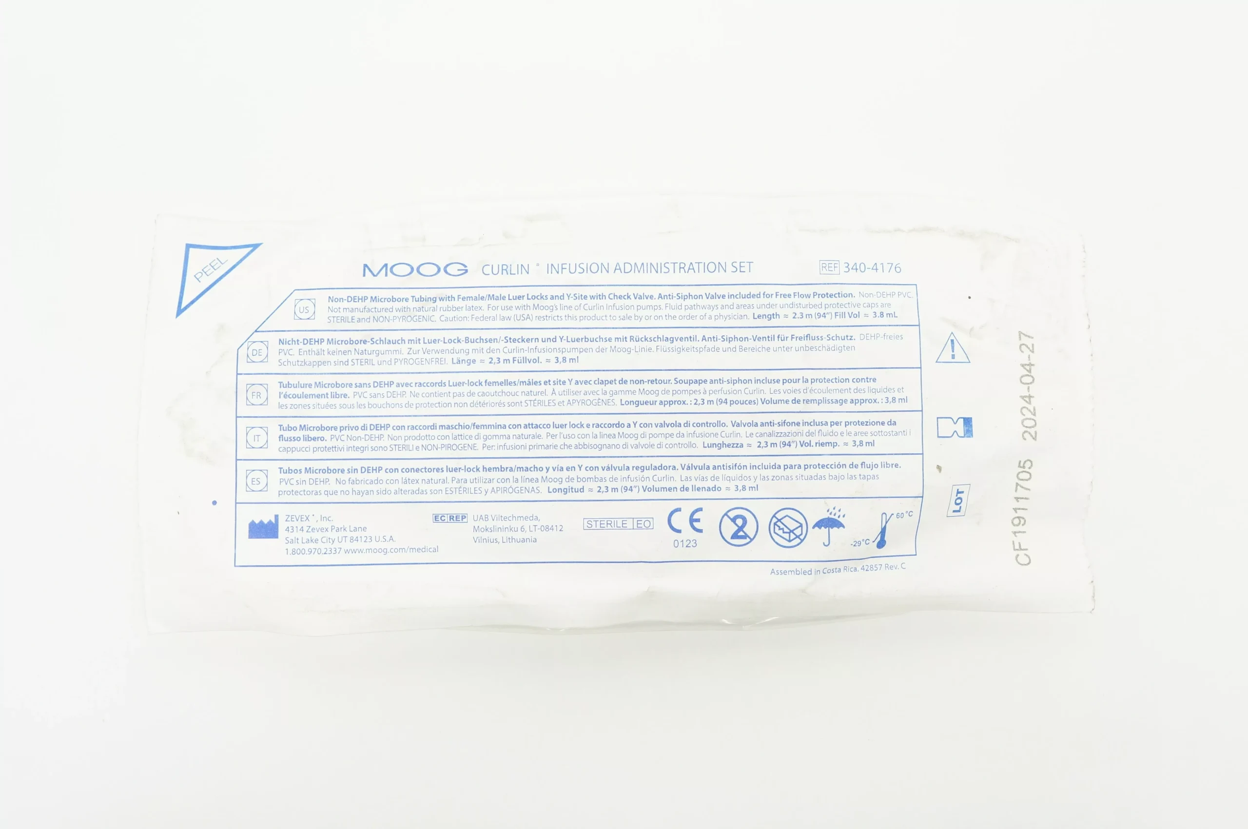 Zevex 340-4176 MOOG Curlin Infusion Administration Set 94 inch x 3.8 ml